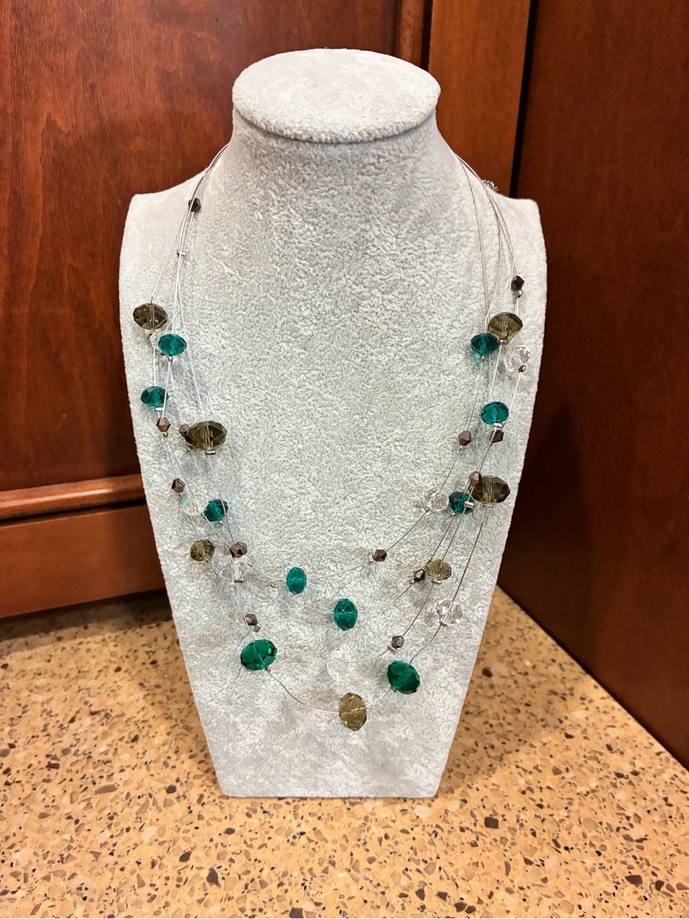 Statement Multi-Strand Teal Green & Smoky Crystal Beaded Necklace Silver Tone